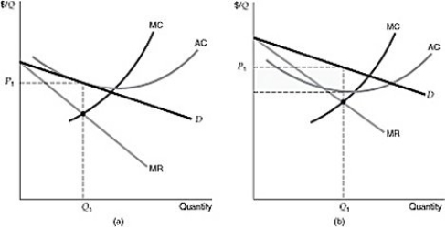   Figure 12.1.1 -Refer to Figure 12.1.1 above. Which of the figures describes the long run equilibrium in a monopolistically competitive market? A)  The figure in panel (a) . B)  The figure in panel (b) . C)  Both figures. D)  Neither figure.