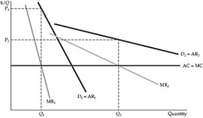   Figure 11.3.1 -Refer to Figure 11.3.1 above. The price-discriminating firm earns a higher profit by: A)  charging a lower price as time goes by. B)  charging a lower price to the consumers who acquire the good first. C)  charging a higher price as time goes by. D)  charging an average of a high price and a low price over time.