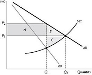   Figure 10.4.1 -Refer to Figure 10.4.1 above. The producer net gains equal: A)  area A. B)  area A - B C)  area A - C D)  area A + C