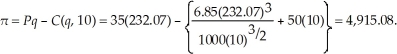 First, we need to determine Sarah's optimal output and profits before the increase in the wage rate. The profit maximizing output level is where the market price equals marginal cost (providing the price exceeds the average variable cost). To determine the optimal output level, we need to first equate marginal cost to the market price. That is,   The average variable cost at this output level is:   Since   Sarah will maximize profits at 232.07 units. Sarah's profits are:   To determine the optimal output level at the higher wage rate, we need to first equate marginal cost to the market price. That is,   The average variable cost at this output level is:   Since   Sarah will maximize profits at 221.79 units. Sarah's profits are:   The higher wage rate causes Sarah to reduce output and her profits also fall. In this case, profits fall by 4.9% when the wage rate rises by 9.5%.