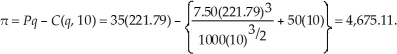 First, we need to determine Sarah's optimal output and profits before the increase in the wage rate. The profit maximizing output level is where the market price equals marginal cost (providing the price exceeds the average variable cost). To determine the optimal output level, we need to first equate marginal cost to the market price. That is,   The average variable cost at this output level is:   Since   Sarah will maximize profits at 232.07 units. Sarah's profits are:   To determine the optimal output level at the higher wage rate, we need to first equate marginal cost to the market price. That is,   The average variable cost at this output level is:   Since   Sarah will maximize profits at 221.79 units. Sarah's profits are:   The higher wage rate causes Sarah to reduce output and her profits also fall. In this case, profits fall by 4.9% when the wage rate rises by 9.5%.