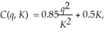 Apu leases 2 squishy machines to produce 40 squishies in the short run. Apu's short-run cost function is:   where q is the number of squishies produced and K is the number of squishy machines used. Apu's long-run cost function is:   If Apu decides to lease 7 squishy machines, what happens to Apu's short-run average total cost of producing 40 squishies? Does Apu's long-run cost function exhibit increasing, constant, or decreasing returns to scale?