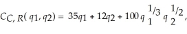 Cogswell Cogs can jointly produce cogs or rotors. The joint cost function is:   where q<sub>1</sub> is the number of cogs and q<sub>2</sub> is the number of rotors Cogswell produces. If Cogswell produces cogs alone, the cost function is:   (   ) = 35   . If Cogswell produces rotors alone, the cost function is:   (   ) = 12   . Calculate Cogswell's degree of economies of scope if he produces 64 cogs and 16 rotors.