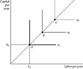   Figure 6.3.3 -Refer to Figure 6.3.3 above. An examination of the production isoquants in the diagram below reveals that: A)  capital and labor will be used in fixed proportions. B)  capital and labor are perfectly substitutable. C)  the MRTS is constant. D)  Both B and C are correct. E)  none of the above