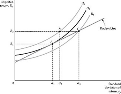   Figure 5.4.1 -Refer to Figure 5.4.1 above. Which point satisfies the conditions for the utility-maximizing investment portfolio? A)  A B)  B C)  C D)  Both B and C