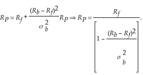 To find Donna's optimal portfolio return and portfolio risk, we need to first equate the slope of her indifference curve to the slope of her budget constraint. This implies   We may then substitute this level of portfolio risk into her budget constraint to find her optimal rate of return   We can plug this optimal portfolio return into the expression for portfolio risk above and get:   Using the values from the table, we see that Donna's optimal portfolio return is   Donna's optimal portfolio risk is  