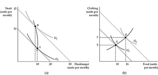   Figure 4.1.4 -Refer to Figure 4.1.4 above. Which of the following goods is an inferior good? A)  Steak B)  Hamburger C)  Clothing D)  Food