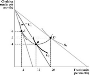   Figure 4.1.5 -Refer to Figure 4.1.5 above. In the upward-sloping portion of the curve that connects points A, B and D, the two goods, food and clothing, are: A)  substitutes. B)  complements C)  independent D)  unrelated