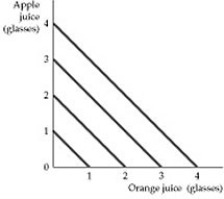   Figure 3.1.5 -Based on Figure 3.1.5, it can be inferred that: A)  the consumer does not consider orange juice as  good.  B)  the consumer will never purchase any quantity of apple juice. C)  the consumer regards orange juice and apple juice as perfect substitutes. D)  the consumer regards orange juice and apple juice as perfect complements.