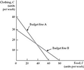   Figure 3.2.4 -To simplify our consumption models, suppose U.S. consumers only purchase food and all other goods where food is plotted along the horizontal axis of the indifference map. If the U.S. Congress passes an economic stimulus package that pays $300 to each person, how does this affect the budget line for each consumer? A)  Makes the budget line steeper B)  Makes the budget line flatter C)  Parallel outward (rightward)  shift D)  Parallel inward (leftward)  shift E)  none of the above