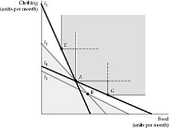   Figure 3.4.2 -Refer to Figure 3.4.2 above. From an initial position at point A, the positions the consumer chooses as her budget line changes let us conclude that: A)  A is preferred to E and G. B)  B is preferred to A. C)  A is preferred to all market baskets in the top shaded area and all market baskets in the bottom shaded area are preferred to A. D)  A is preferred to all market baskets in the bottom shaded area and all market baskets in the top shaded area are preferred to A.