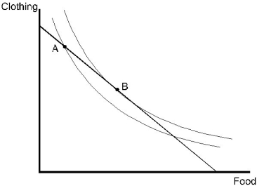 Define the marginal rate of substitution. Using this concept, explain why market basket A is not utility maximizing while market basket B is utility maximizing.  