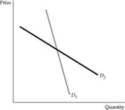   Figure 2.5.1 -Refer to Figure 2.5.1 above. If close substitutes are difficult to find in the short run, which of the demand curves in the figure best represents market demand in the short run? A)  D<sub>1</sub> B)  D<sub>2</sub> C)  Both curves are short-run curves. D)  Both curves are long-run curves.