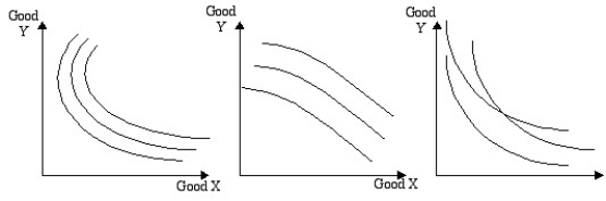A friend whom you are studying with for this class has drawn three sets of indifference curves.Explain what he has done wrong on each graph and what assumption of preferences is violated by each particular graph. (a)(b)(c)  