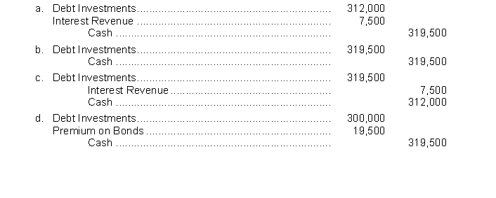 On August 1, 2014, Fowler Company acquired $300,000 face value 10% bonds of Kasnic Corporation at 104 plus accrued interest. The bonds were dated May 1, 2014, and mature on April 30, 2019, with interest payable each October 31 and April 30. The bonds will be held to maturity. What entry should Fowler make to record the purchase of the bonds on August 1, 2014?  