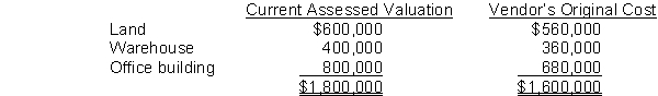 On April 1, Mooney Corporation purchased for $1,624,500 a tract of land on which a warehouse and office building was located. The following data were collected concerning the property:   What are the appropriate amounts that Mooney should record for the land, warehouse, and office building, respectively? A)  Land, $560,000; warehouse, $360,000; office building, $680,000. B)  Land, $600,000; warehouse, $400,000; office building, $800,000. C)  Land, $568,575; warehouse, $365,513; office building, $345,206. D)  Land, $541,500; warehouse, $361,000; office building, $722,000.