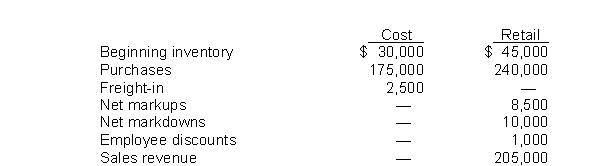 Crane Sales Company uses the retail inventory method to value its merchandise inventory. The following information is available for the current year:   If the ending inventory is to be valued at the lower-of-cost-or-market, what is the cost-to-retail ratio? A)  $207,500 ÷ $285,000 B)  $207,500 ÷ $293,500 C)  $205,000 ÷ $295,000 D)  $207,500 ÷ $283,500