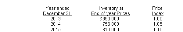 Opera Corp. uses the dollar-value LIFO method of computing its inventory cost. Data for the past three years is as follows:   What is the 2013 inventory balance using dollar-value LIFO? A)  $390,000. B)  $371,424. C)  $736,362. D)  $810,000.