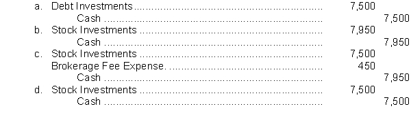 Jacobs Corporation makes a short-term investment in 150 shares of Starr Company's common stock. The stock is purchased for $50 a share plus brokerage fees of $450. The entry for the purchase is  <div style=padding-top: 35px> 