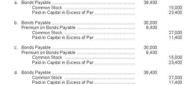 Thirty $1,000 bonds with a carrying value of $38,400 are converted into 3,000 shares of $5 par value common stock. The common stock had a market value of $9 per share on the date of conversion. The entry to record the conversion is  