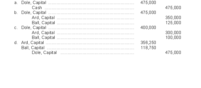 Ard, Ball, and Dole have partnership capital account balances of $400,000 each. Income and losses are shared equally. Dole agrees to sell three-fourths of his ownership interest to Ard for $350,000 and one-fourth to Ball for $125,000. Ard and Ball will use personal assets to purchase Dole's interest. The partnership's entry to record Dole's withdrawal from the partnership would be  