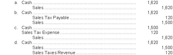 A cash register tape shows cash sales of $1,500 and sales taxes of $120. The journal entry to record this information is  