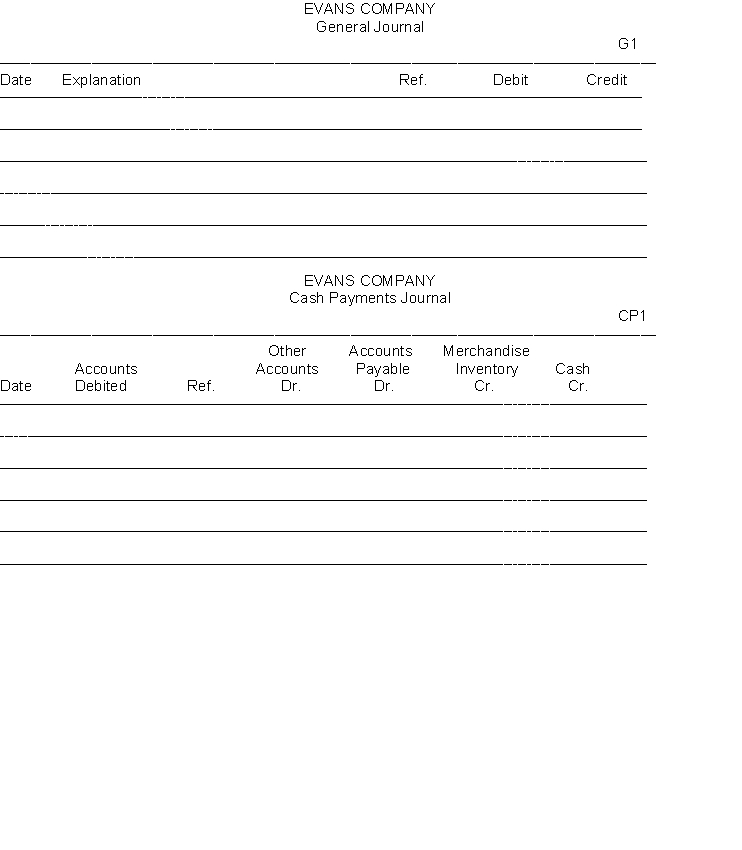 Evans Company uses a single-column purchases journal, a cash payments journal, and a general journal to record transactions with its suppliers and others. Record the following transactions in the appropriate journals. Transactions Oct. 5 Purchased merchandise on account for $20,000 from Glover Company. Terms: 2/10, n/30; FOB shipping point. Oct. 6 Paid $7,200 to Federated Insurance Company for a two-year fire insurance policy. Oct. 8 Purchased store supplies on account for $700 from Hicks Supply Company. Terms: 2/10, n/30. Oct. 11 Purchased merchandise on account for $14,000 from Bates Corporation. Terms: 2/10, n/30; FOB shipping point. Oct. 13 Granted a reduction of $3,000 to Bates Corporation for merchandise purchased on October 11 and returned because of damage. Oct. 15 Paid Glover Company for merchandise purchased on October 5, less discount. Oct. 16 Purchased merchandise for $8,000 cash from Clements Company. Oct. 21 Paid Bates Corporation for merchandise purchased on October 11, less merchandise returned on October 13, less discount. Oct. 25 Purchased merchandise on account for $22,000 from Dixon Company. Terms: 2/10, n/30; FOB shipping point. Oct. 31 Purchased office equipment for $30,000 cash from Roberts Office Supply Company.      