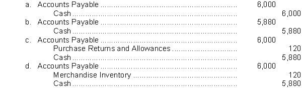 Logan Company made a purchase of merchandise on credit from Claude Corporation on August 3, for $6,000, terms 2/10, n/45. On August 10, Logan makes the appropriate payment to Claude. The entry on August 10 for Logan Company is  