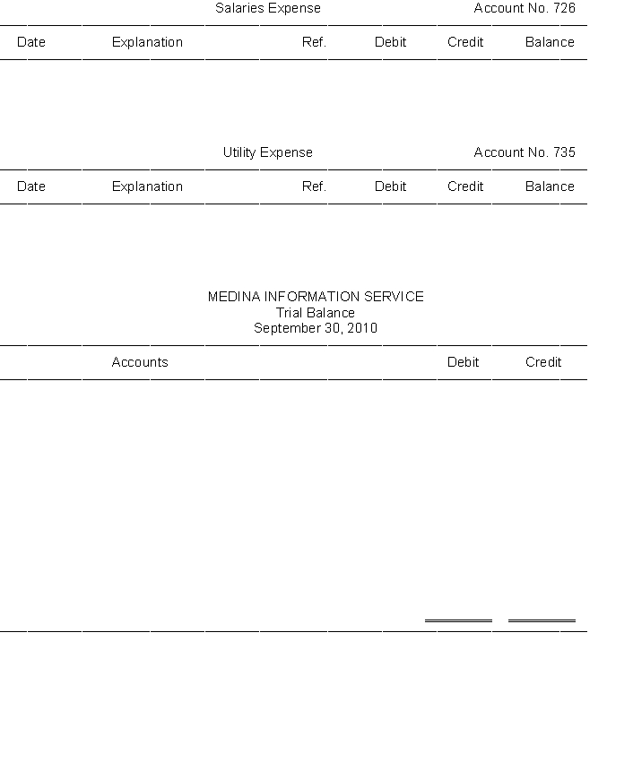 The transactions of Medina Information Service are recorded in the general journal below. You are to post the journal entries to the accounts in the general ledger. After all entries have been posted, you are to prepare a trial balance on the form provided.          