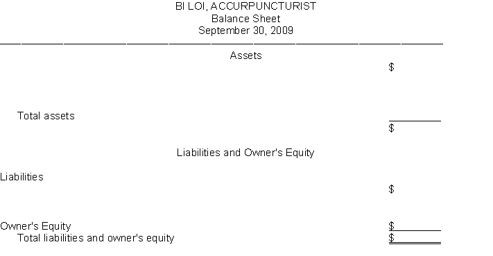 Prepare an income statement, an owner's equity statement, and a balance sheet for the accupuncture practice of Bi Loi, from the items listed below for the month of September.      