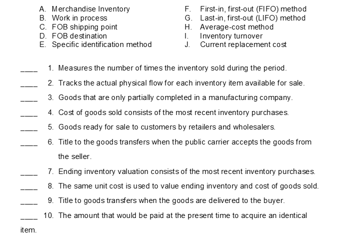 Match the items below by entering the appropriate code letter in the space provided.  