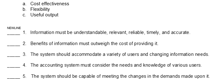 Match each of the principles and phases in the development of an accounting system with the statement that best describes them.  