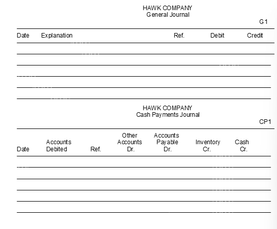 Hawk Company uses a single-column purchases journal a cash payments journal and a general journal to record transactions with its suppliers and others. Record the following transactions in the appropriate journals. Transactions Oct. 5 Purchased merchandise on account for $19000 from Harrelson Company. Terms: 2/10 n/30; FOB shipping point. Oct. 6 Paid $6600 to Ken's Insurance Company for a two-year fire insurance policy. Oct. 8 Purchased store supplies on account for $600 from Stone Pony Supply Company. Terms: 2/10 n/30. Oct. 11 Purchased merchandise on account for $15000 from Steve Corporation. Terms: 2/10 n/30; FOB shipping point. Oct. 13 Granted a reduction of $3000 from Steve Corporation for merchandise purchased on October 11 and returned because of damage. Oct. 15 Paid Harrelson Company for merchandise purchased on October 5 less discount. Oct. 16 Purchased merchandise for $9000 cash from Williams Company. Oct. 21 Paid Steve Corporation for merchandise purchased on October 11 less merchandise returned on October 13 less discount. Oct. 25 Purchased merchandise on account for $21000 from Ozzle Company. Terms: 2/10 n/30; FOB shipping point. Oct. 31 Purchased equipment for $27000 cash from Guillen Office Supply Company.     