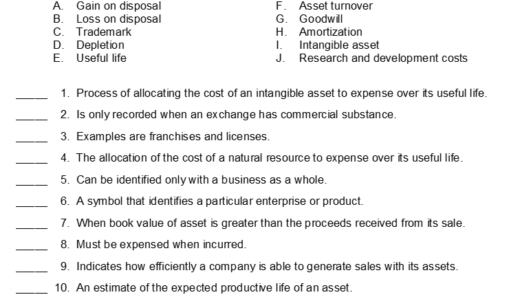 Match the items below by entering the appropriate code letter in the space provided.  