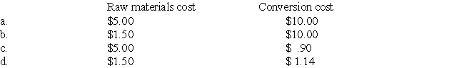 Smith Co started 40 000 units into production during the current period and completed 28 000.The other 12 000 units were 30% complete as to conversion costs at the end of the period.Total costs were $60 000 for material and $36 000 for conversion costs. Material is added at the beginning of the production process.Unit raw material and conversion costs for the period were:  <div style=padding-top: 35px> 