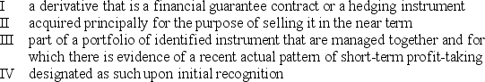 <strong>A financial asset classified as fair value through profit and loss (FVTPL) must be:  </strong> A) I, II and III B) I, III and IV C) I, II and IV D) II, III and IV <div style=padding-top: 35px> 