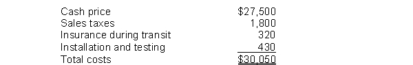 Presto Company purchased equipment and these costs were incurred:   Presto will record the acquisition cost of the equipment as A)  $27,500. B)  $29,300. C)  $29,620. D)  $30,050.