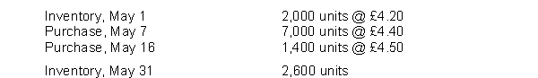 Brocken Co. has the following data related to an item of inventory:   The value assigned to cost of goods sold if Brocken uses FIFO is A)  £33,800. B)  £33,920. C)  £34,138. D)  £34,164.