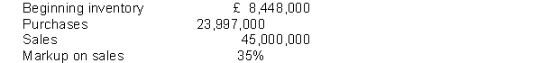 The following information is available for 2014 for Greenwich Company:   In May 2014, a flood washed away Greenwich's inventory. Using the gross profit method, the estimated value of the inventory destroyed is: A)  £11,355,750 B)  £8,398,950 C)  £3,195,000 D)  £1,575,000