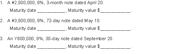Compute the maturity date and the maturity value associated with each of the following notes receivables.  