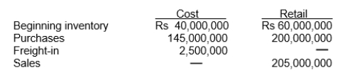 Major Grey Company uses the retail inventory method to value its merchandise inventory. The following information is available for the current year:   What cost to retail ratio should be used to estimate ending inventory? A)  Rs187,500,000 ÷ Rs260,000,000 B)  Rs187,500,000 ÷ Rs465,000,000 C)  Rs185,000,000 ÷ Rs260,000,000 D)  Rs185,000,000 ÷ Rs265,000,000