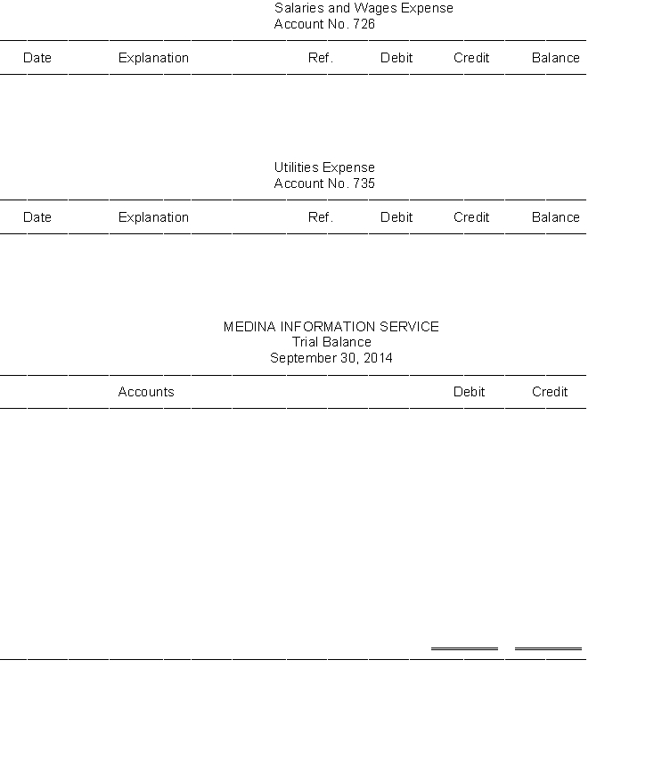 The transactions of Medina Information Service are recorded in the general journal below. You are to post the journal entries to the accounts in the general ledger. After all entries have been posted, you are to prepare a trial balance on the form provided.        