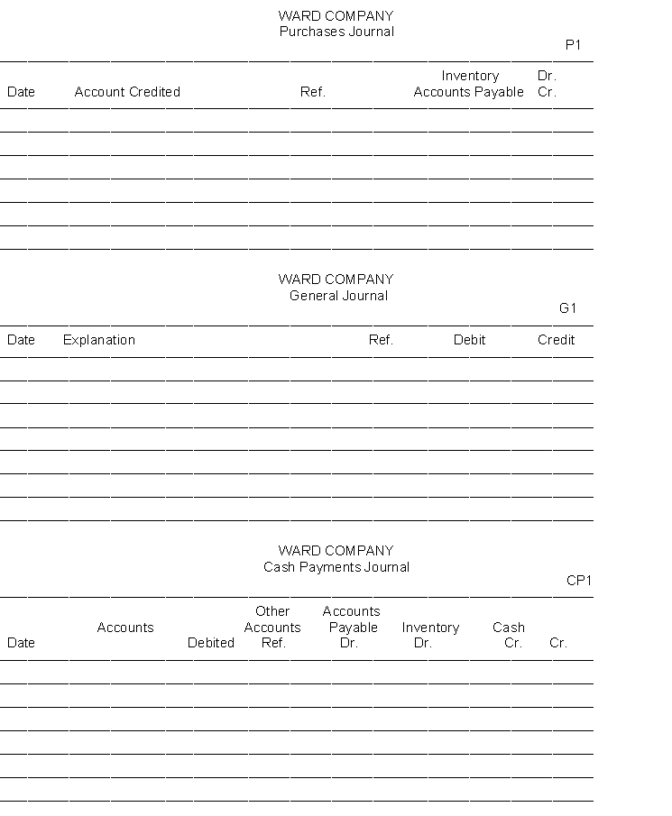 Ward Company uses a single-column purchases journal, a cash payments journal, and a general journal to record transactions with its suppliers and others. Record the following transactions in the appropriate journals. Transactions Oct. 5 Purchased merchandise on account for $15,000 from Groton Company. Terms: 2/10, n/30; FOB shipping point. Oct. 6 Paid $7,200 to Federated Insurance Company for a two-year fire insurance policy. Oct. 8 Purchased supplies on account for $700 from Flynn Supply Company. Terms: 2/10, n/30. Oct. 11 Purchased merchandise on account for $14,000 from Buehler Corporation. Terms: 2/10, n/30; FOB shipping point. Oct. 13 Issued a debit memorandum for $3,000 to Buehler Corporation for merchandise purchased on October 11 and returned because of damage. Oct. 15 Paid Groton Company for merchandise purchased on October 5, less discount. Oct. 16 Purchased merchandise for $8,000 cash from Clifford Company. Oct. 21 Paid Buehler Corporation for merchandise purchased on October 11, less merchandise returned on October 13, less discount. Oct. 25 Purchased merchandise on account for $22,000 from Dooley Company. Terms: 2/10, n/30; FOB shipping point. Oct. 31 Purchased office equipment for $30,000 cash from Paten Office Supply Company.  