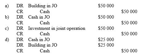 A 50:50 joint operation was commenced between two participants. Participant One contributed cash of $50 000, and Participant Two contributed a Building with a fair value of $50 000. Using the line-by-line method of accounting, participant One would record:
