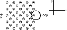 A circular loop of wire is positioned half in and half out of a square region of constant uniform magnetic field directed into the page, as shown. To induce a clockwise current in this loop:   A)  move it in +x direction B)  move it in +y direction C)  move it in -y direction D)  move it in -x direction E)  increase the strength of the magnetic field