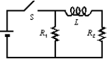 When the switch S in the circuit shown is closed, the time constant for the growth of current in R<sub>2</sub> is:   A)  L/R<sub>1</sub> B)  L/R<sub>2</sub> C)  L/(R<sub>1</sub> + R<sup>2</sup>)  D)  L(R<sub>1</sub> + R<sub>2</sub>) /(R<sub>1</sub>R<sub>2</sub>)  E)  (L/R<sub>1</sub> + L/R<sub>2</sub>) /2