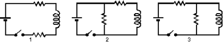 The diagrams show three circuits with identical batteries, identical inductors, and identical resistors. Rank them according to the current through the battery just after the switch is closed, from least to greatest.   A)  3, 2, 1 B)  2 and 3 ties, then 1 C)  1, 3, 2 D)  1, 2, 3 E)  3, 1, 2