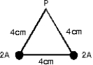 Two long straight wires pierce the plane of the paper at vertices of an equilateral triangle as shown below. They each carry 2 A, out of the paper. The magnetic field at the third vertex (P)  has magnitude (in T) :   A)  1.0 *10<sup>-</sup><sup>5</sup> B)  1.7* 10<sup>-</sup><sup>5</sup> C)  2.0 * 10<sup>-</sup><sup>5</sup> D)  5.0 * 10<sup>-</sup><sup>6</sup> E)  8.7 *10<sup>-</sup><sup>6</sup>