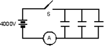  Each of the three 25- \mu F capacitors shown is initially uncharged. How many coulombs of charge pass through the ammeter A after the switch S is closed?   A)  0.10 B)  0.20 C)  10 D)  0.05 E)  none of these 