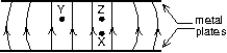 The diagram shows the electric field lines due to two charged parallel metal plates. We conclude that:   A)  the upper plate is positive and the lower plate is negative B)  a proton charge at X would experience the same force if it were placed at Y C)  a proton charge at X experiences a greater force than if it were placed at Z D)  a proton charge at X experiences less force than if it were placed at Z E)  a electron charge at X could have its weight balanced by the electrical force